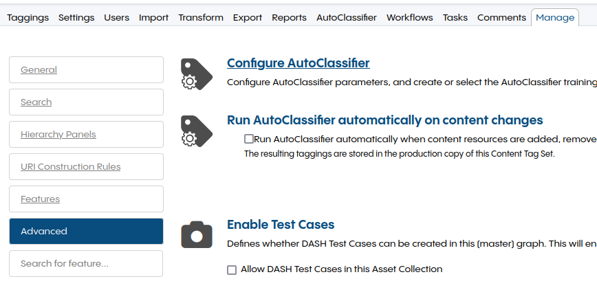 Advanced Section of the Manage Tab
